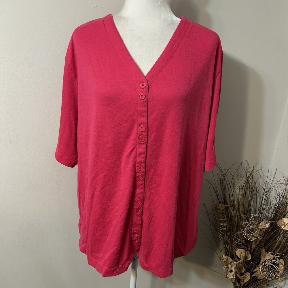 BRIDGE GATE Women Hot Pink Short Sleeve Button Up Knit Top V-neck Sz 2X